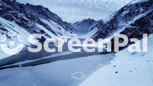 Del Inca Andean Lake At Andes Mountains Valparaiso Chile. Skiing Holiday Andes Mountains Chile. Snow Fall Countryside Glacial Landscape Blizzard.